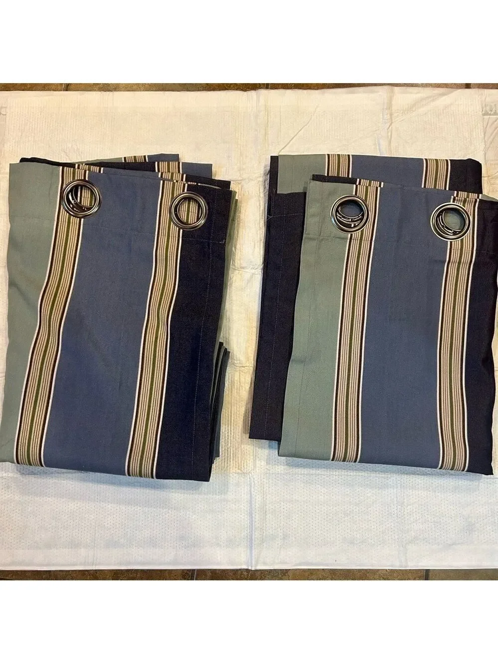 Pottery Barn Curtain Panels Outdoor Striped Denim Sunbrella Blue Teal 50x108